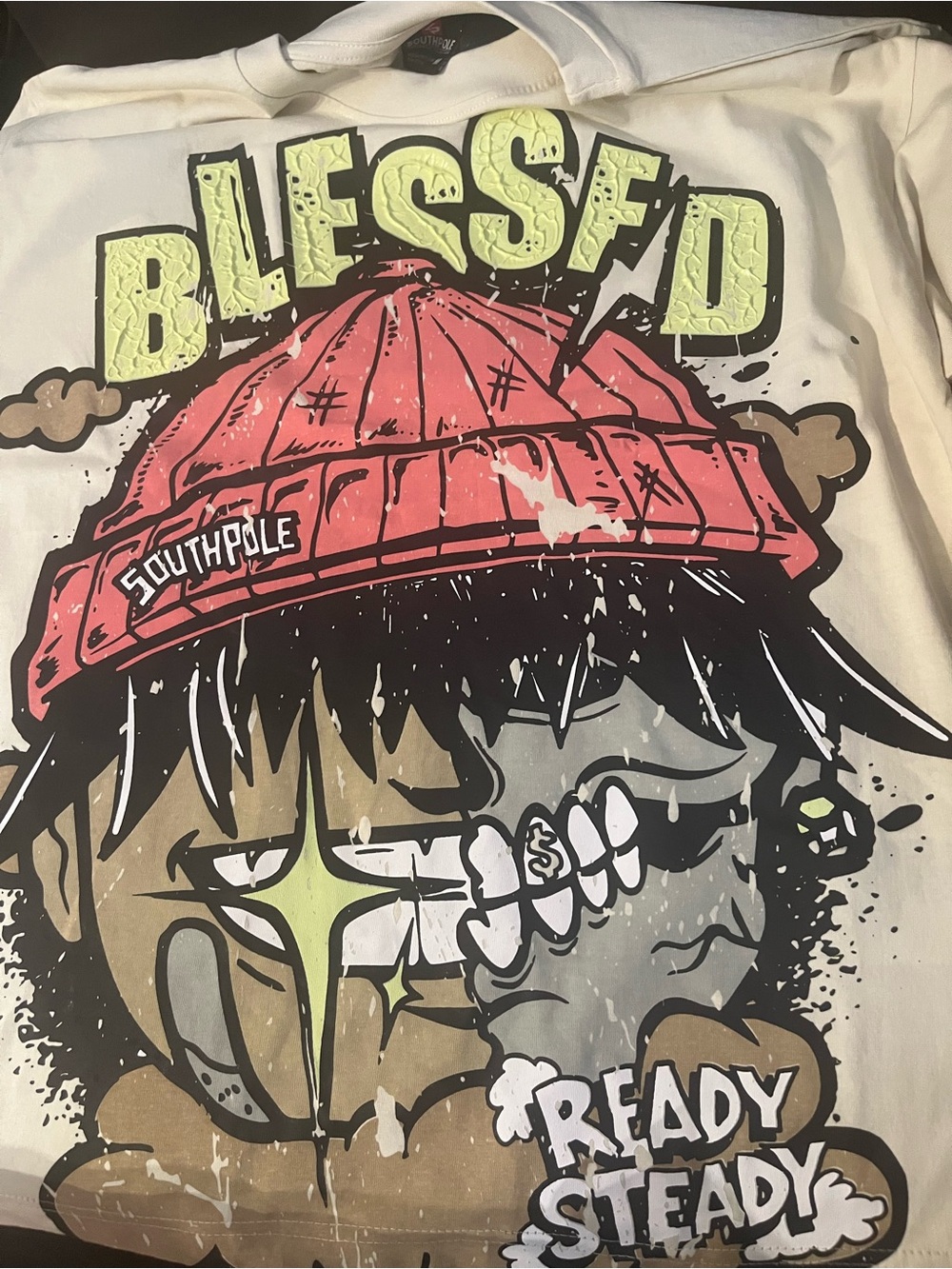 South Pole White Tee with Red Beanie and Yellow 'BLESSED' Graphic